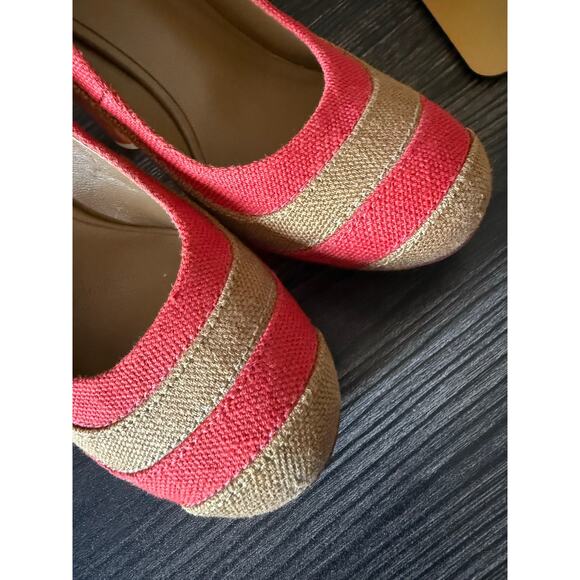 Vintage TORY BURCH JOELLE PLATFORM LINEN PUMP HEEL STRIPED RED/TAN SHOES Sz. 7 - Picture 3 of 9